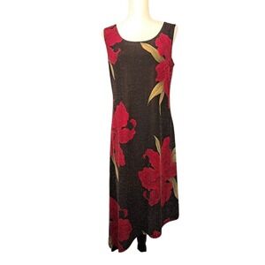 Vtg Y2K JESSICA HOWARD M Dress Black Red Floral Metallic Sleeveless Asymmetrical